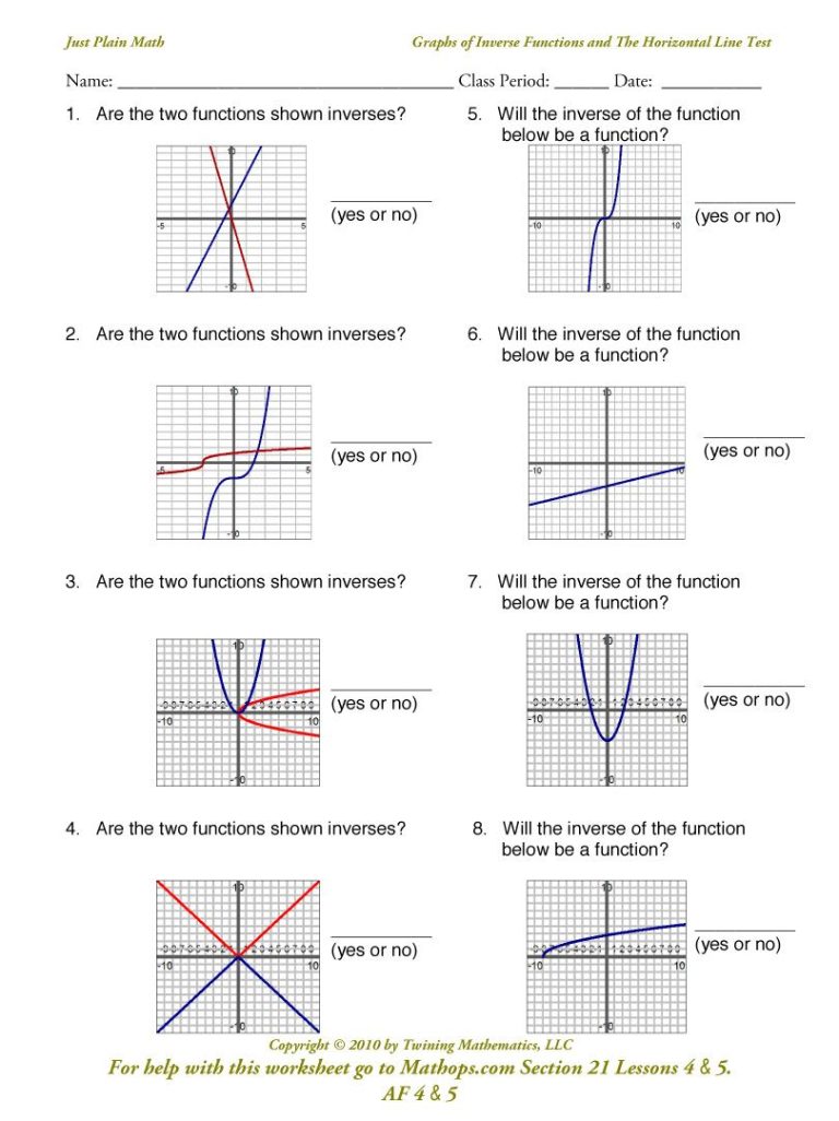 Answer Key Inverse Functions Worksheet With Answers