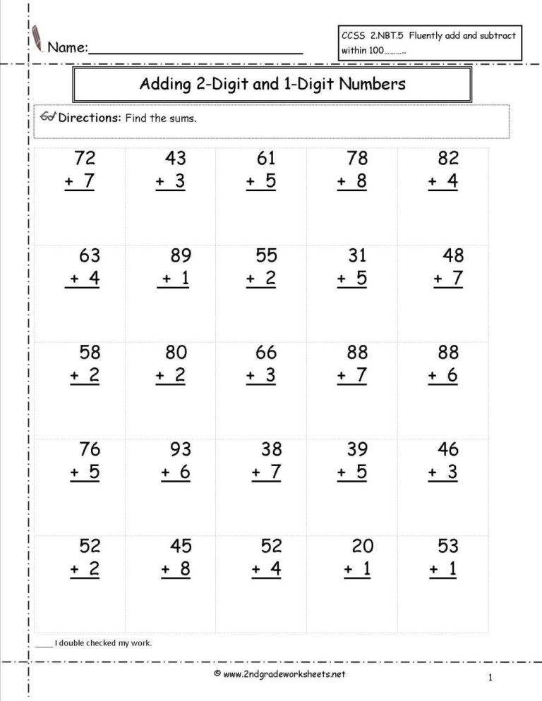 Single And Double Digit Addition And Subtraction Worksheets Without Regrouping