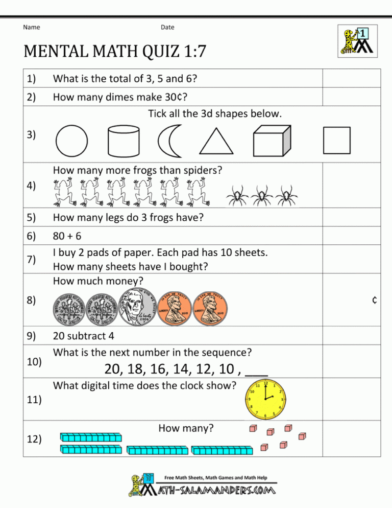 1st Mental Maths Worksheet For Class 1