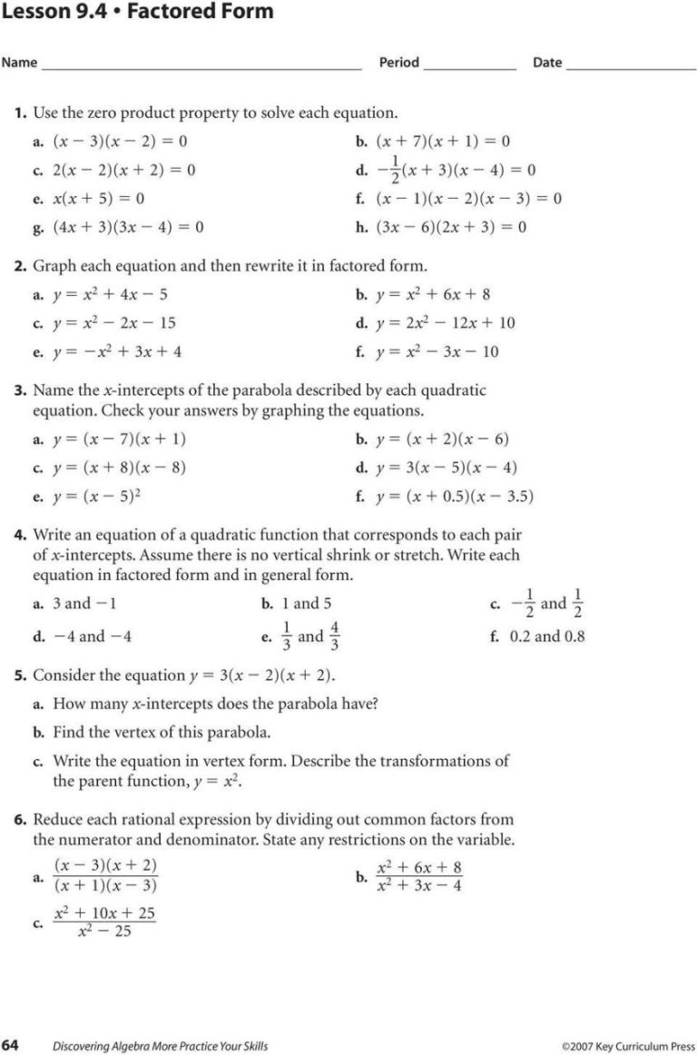 Solving Quadratic Equations By Factoring Worksheet Pdf Algebra 2