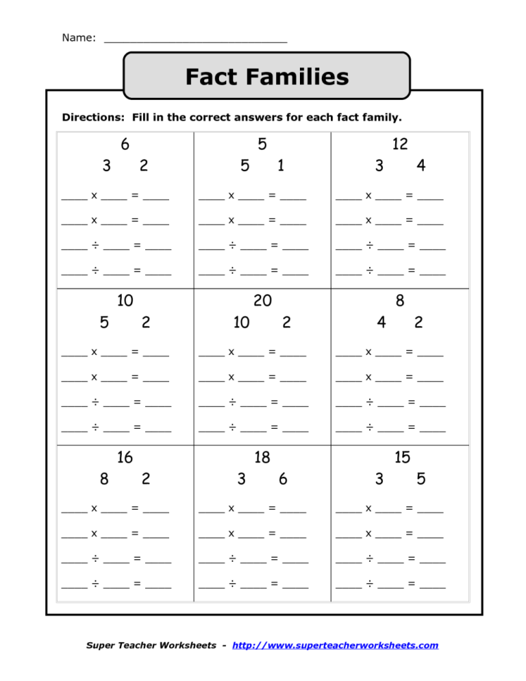 Printable Blank Fact Family Worksheets Pdf