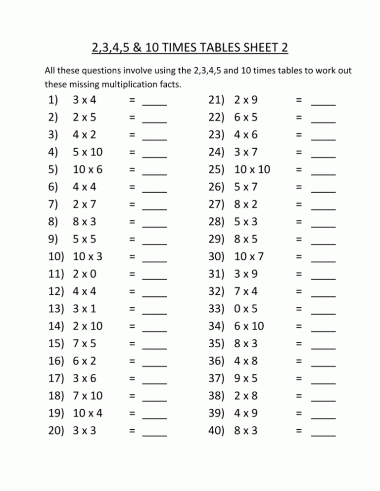 Printable Times Table Sheets Year 6