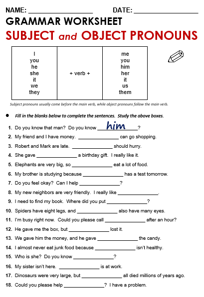 Grade 3 Subject And Object Pronouns Worksheets With Answers Pdf