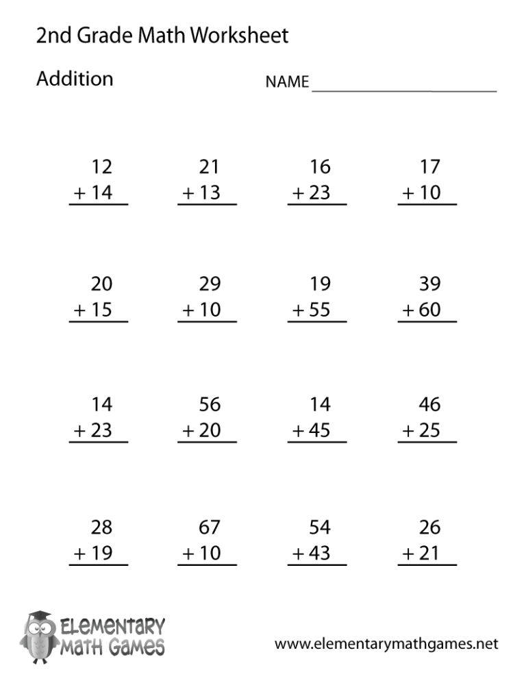 Printable Addition Problems 2nd Grade