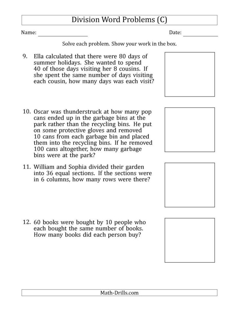 6th Grade Math Word Problems Worksheets