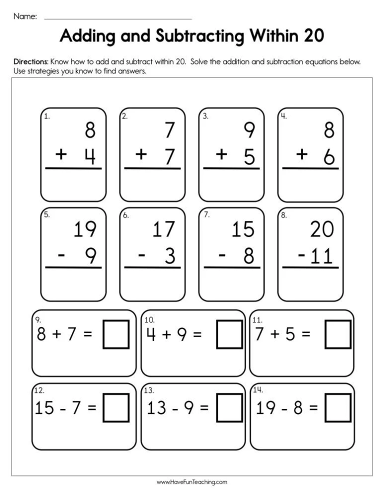 Addition And Subtraction Problems Within 20