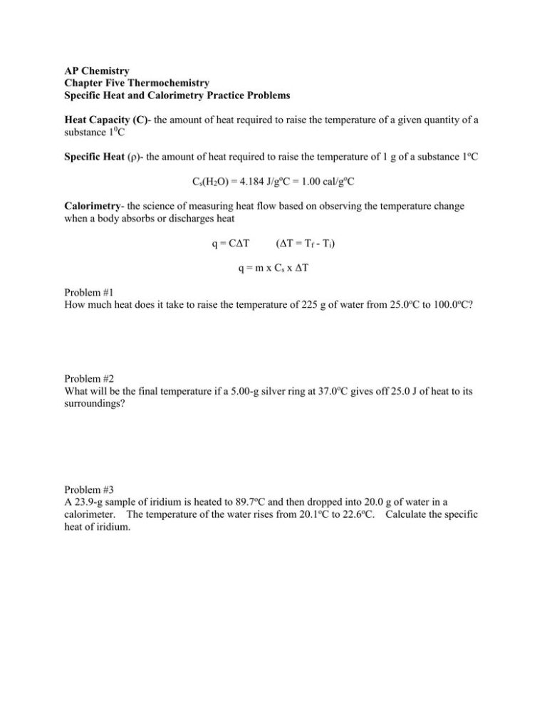 Specific Heat Practice Problems Worksheet With Answers