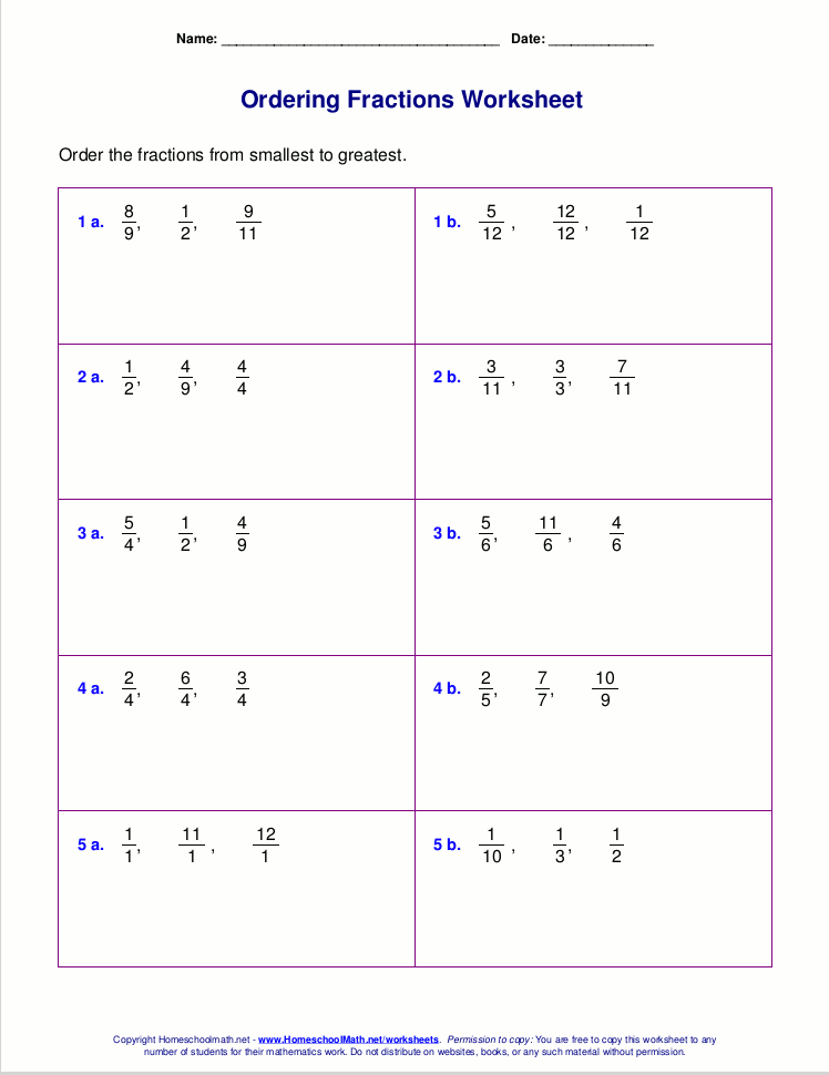 6th Grade Ordering Fractions Worksheet With Answers