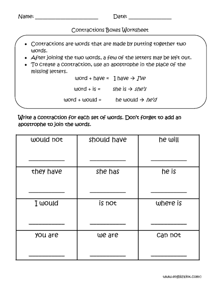 Contractions Worksheet Pdf 6th Grade