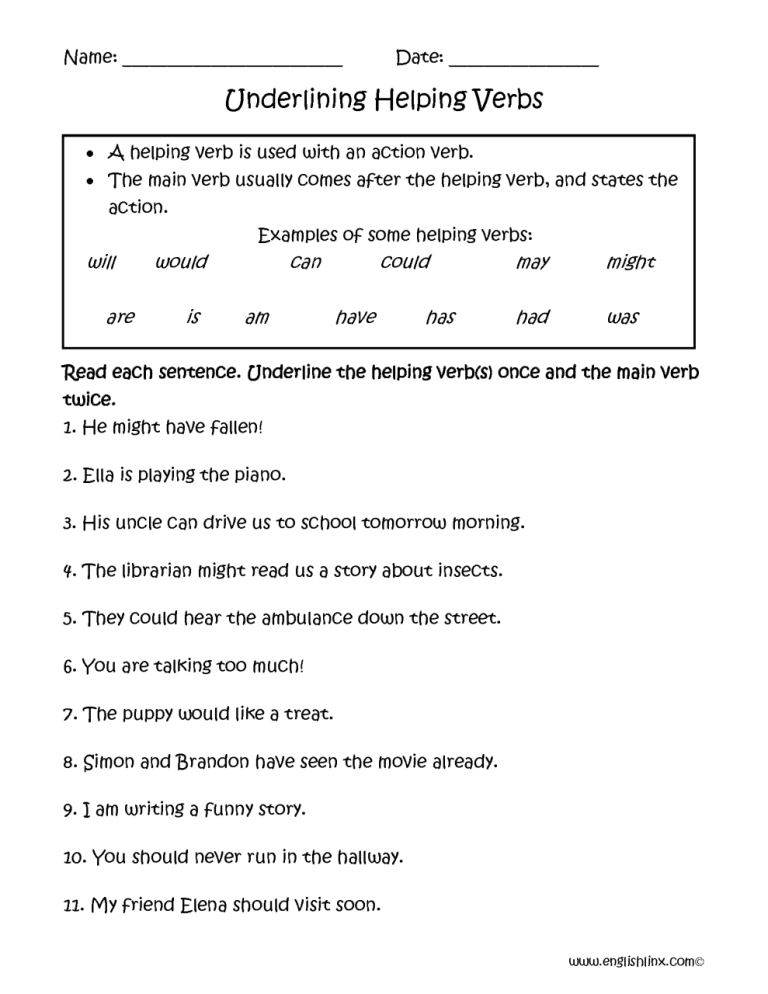 Std 2 Helping Verbs Worksheet For Class 2