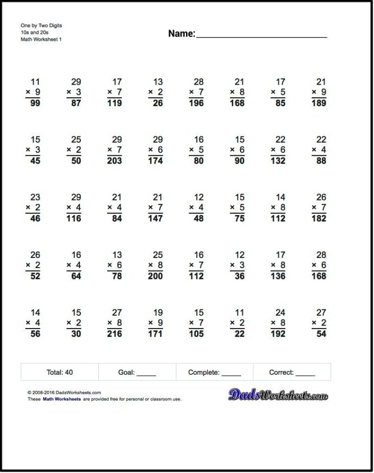 Answer Key Multiplication 5th Grade Math Worksheets