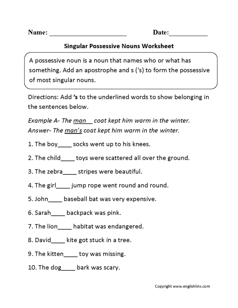 First Grade Possessive Nouns Worksheet Grade 1