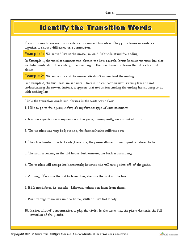 6th Grade Transition Words Worksheet With Answers