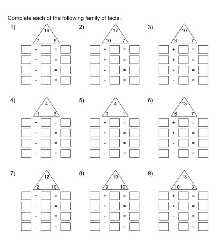 2nd Grade Free Fact Family Worksheets