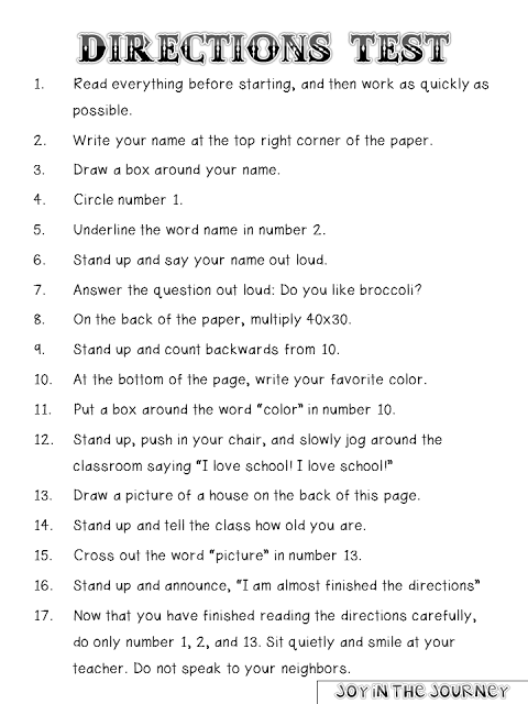 Directions Quiz Following Directions Worksheet Funny