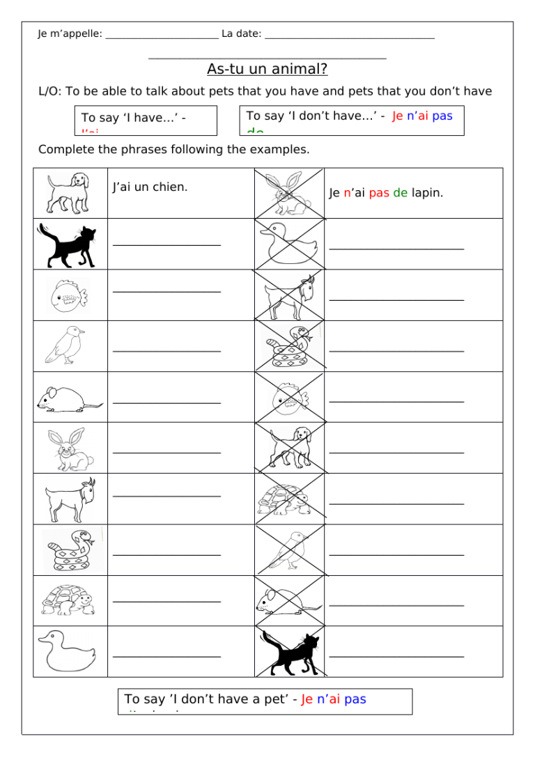 Printable Grade 2 French Immersion Worksheets