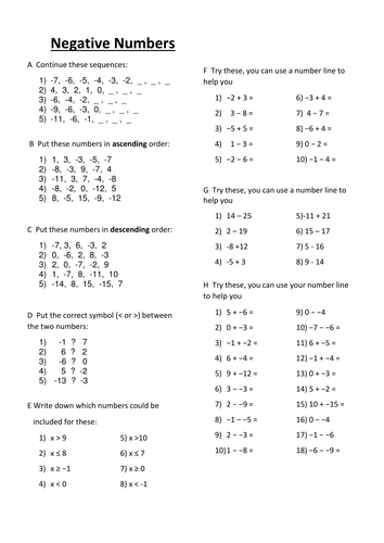 Negative Numbers Ks3 Worksheet With Answers