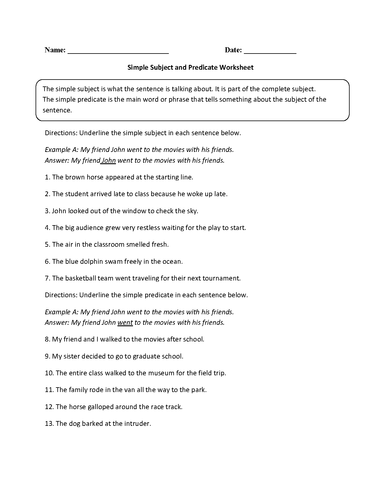 Simple Subject And Simple Predicate Worksheets With Answers Pdf