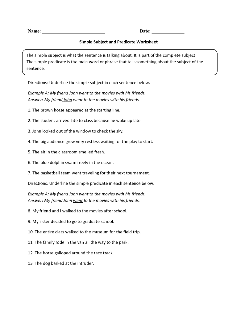 6th Grade Simple Subject And Predicate Worksheets With Answers