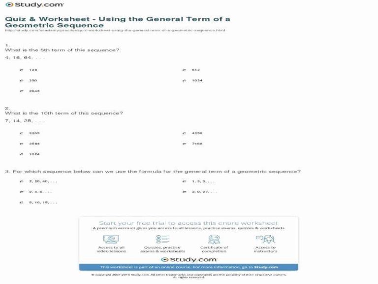 Worksheet Answer Key 9th Grade Arithmetic And Geometric Sequences Worksheet