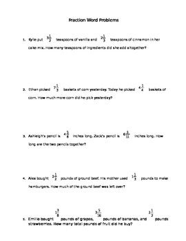 5th Grade Fraction Word Problems Worksheets