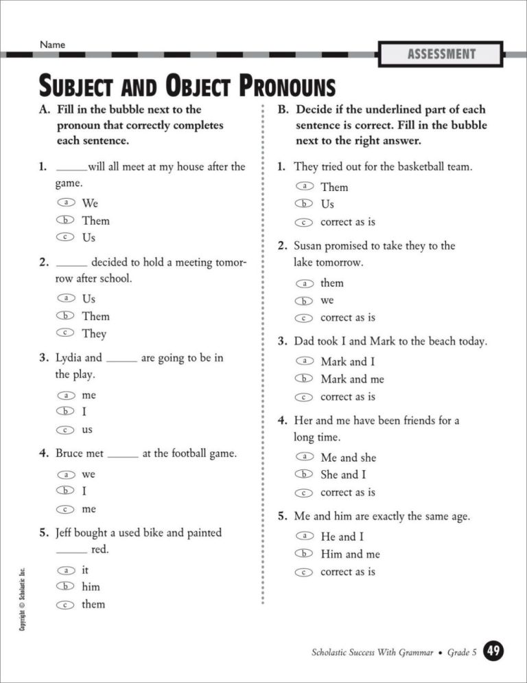 Subject And Object Pronouns Worksheet For Grade 3