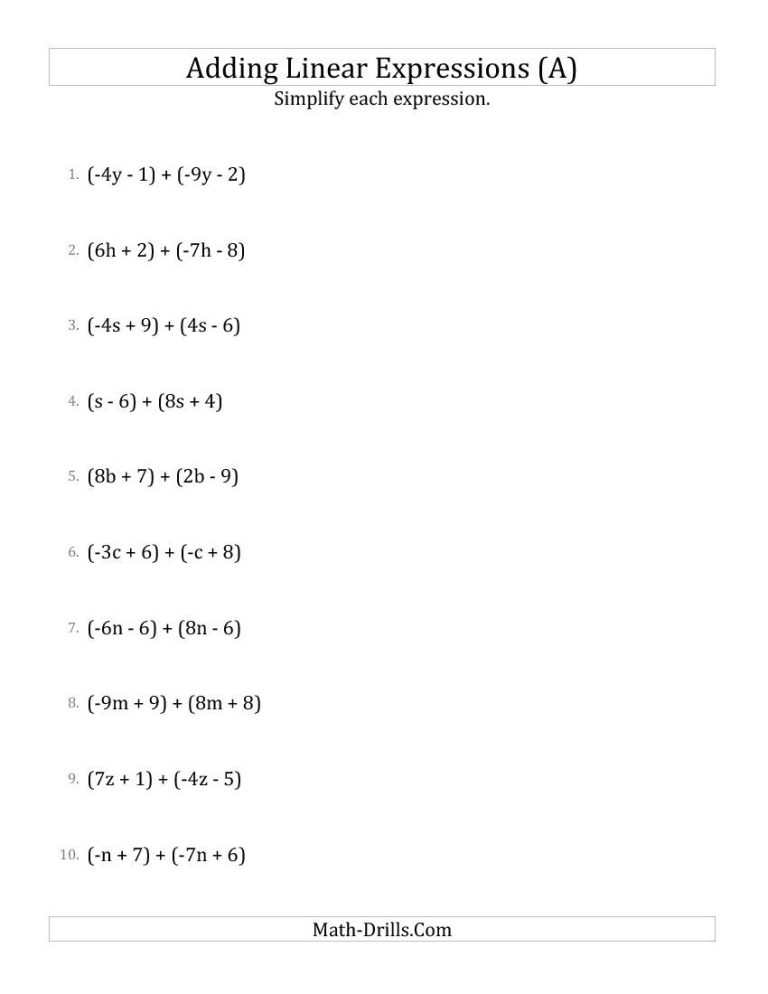 7th Grade Addition Of Algebraic Expressions Worksheets