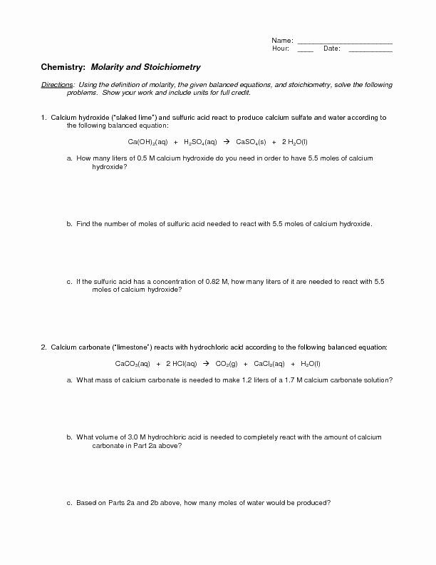 Molarity Worksheet Answer Key Chemistry