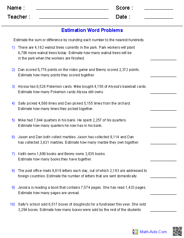 Comparing Numbers Word Problems 4th Grade Worksheets