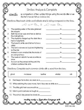 3rd Grade Similes Worksheet With Answers