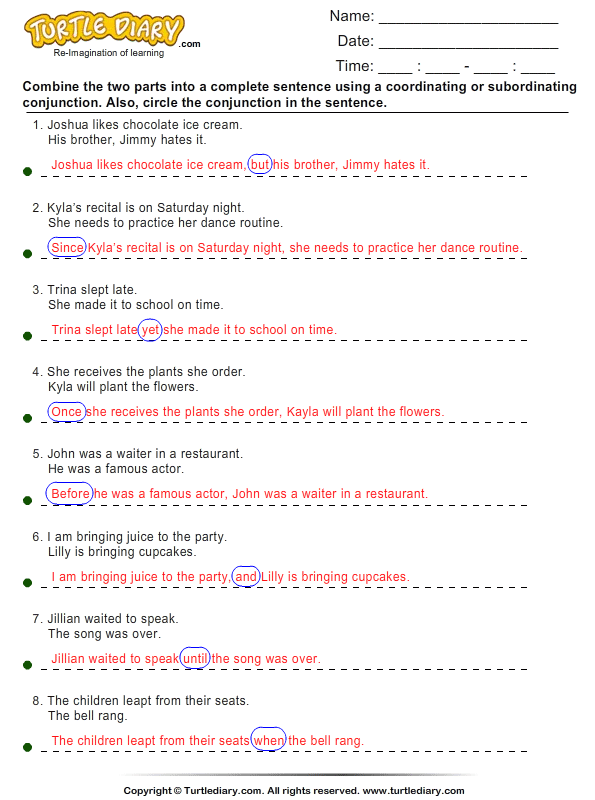 Answer Key Subordinating Conjunctions Worksheet With Answers