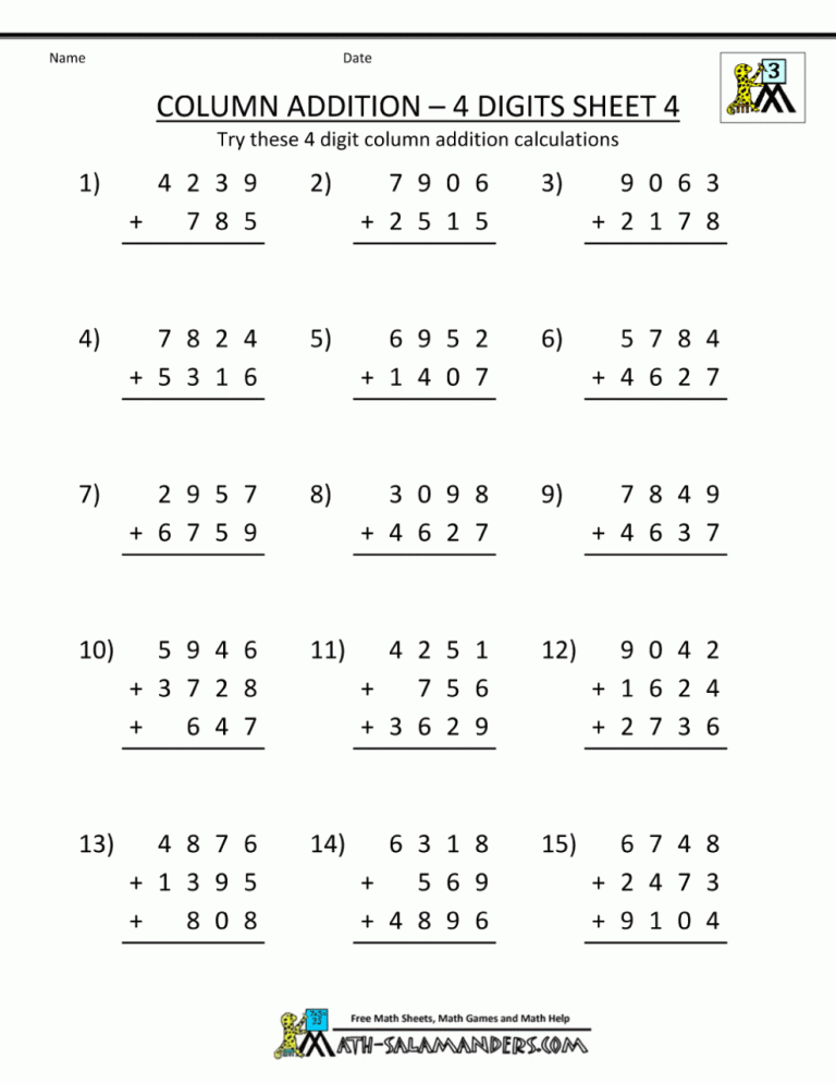 3 Digit Addition Worksheets For Grade 4