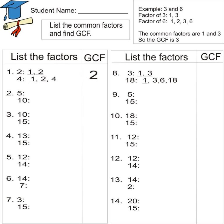 6th Grade Grade 6 Greatest Common Factor Worksheets