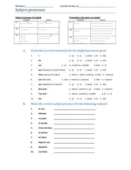 Subject Pronouns Worksheet Spanish Answer Key