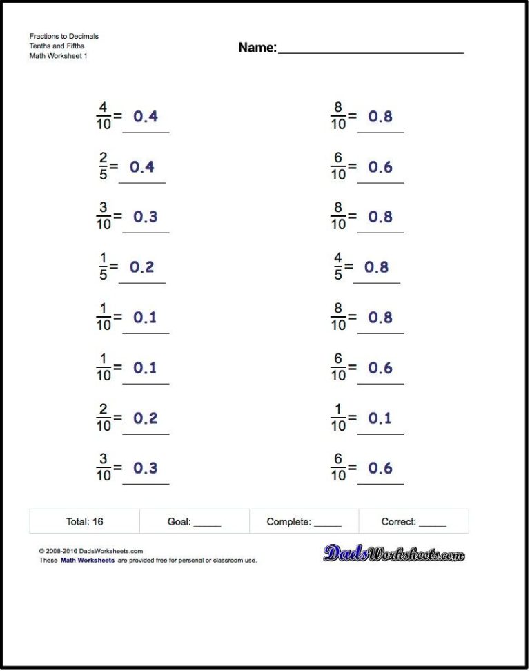 Converting Fractions To Decimals Worksheet 6th Grade Pdf