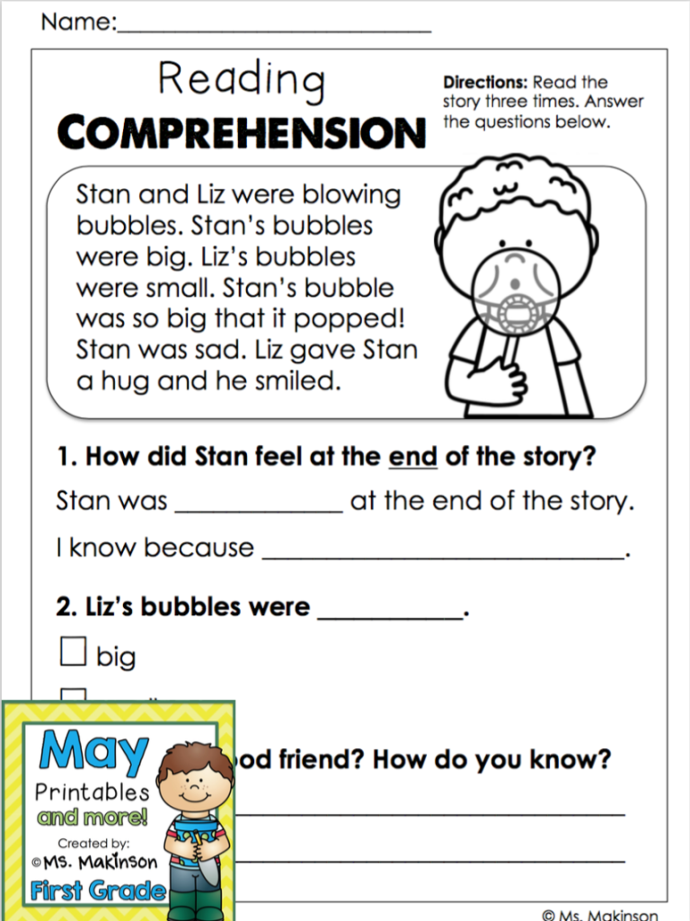 Reading Comprehension Free First Grade Worksheets