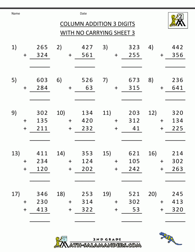 Grade 3 Maths Worksheet For Class 3 Addition