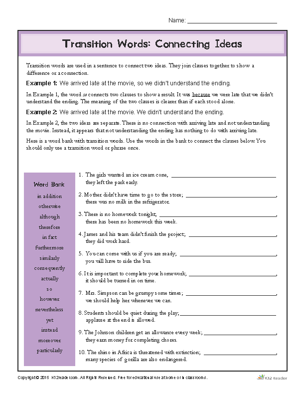 Using Transition Words Worksheet Pdf