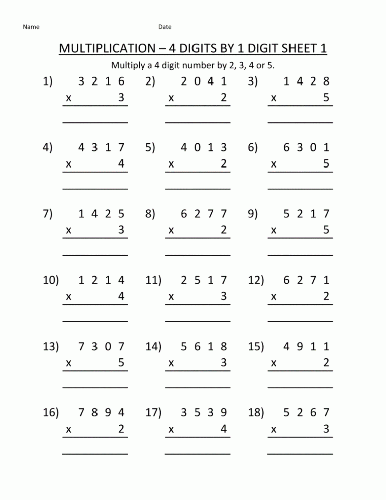 Multiplication Fourth Grade Grade 4 Math Worksheets