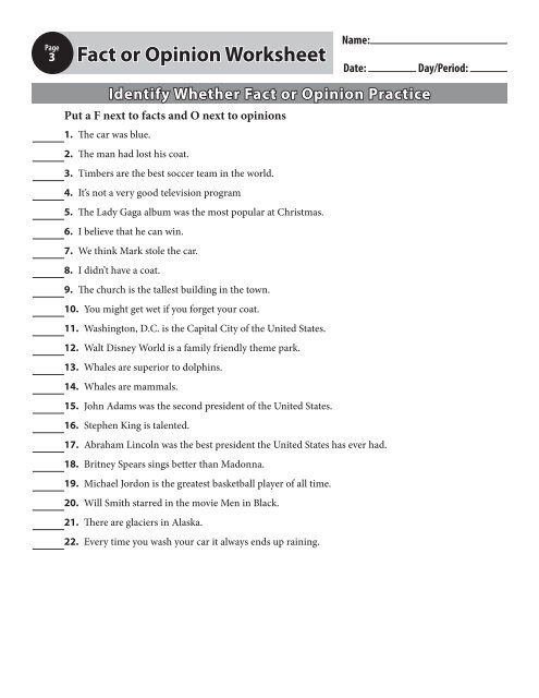 Grade 9 Fact And Opinion Worksheets Pdf