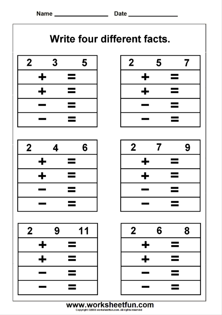 Printable Fact Family Worksheets Free