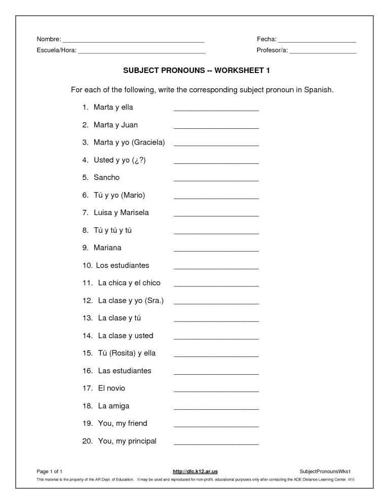 Subject Pronouns Worksheet 1 Spanish Answer Key