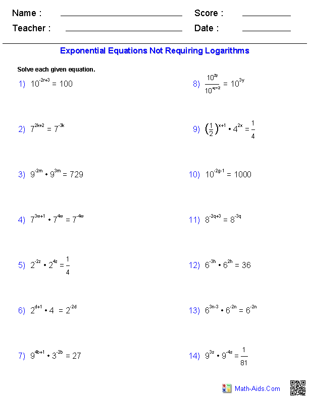 Solving Exponential Equations Worksheet