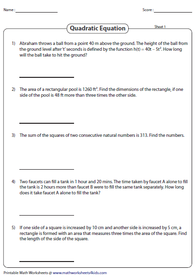 Quadratic Word Problems Worksheet