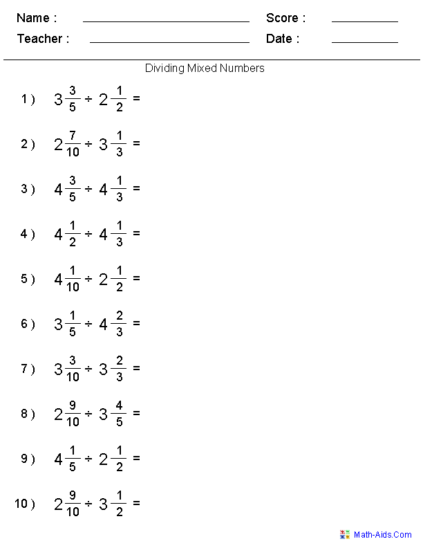 Dividing Mixed Numbers Worksheet