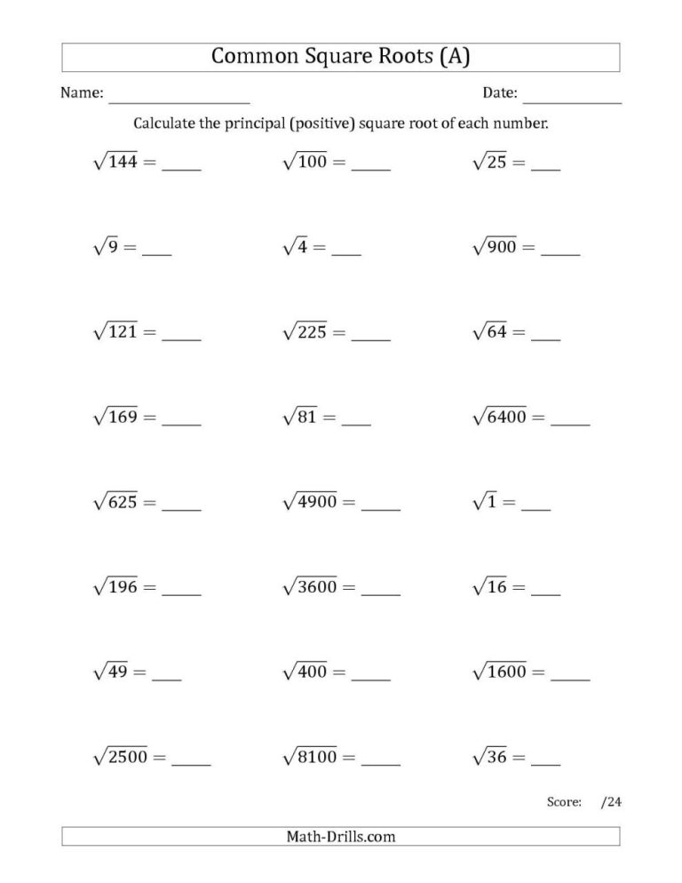 Square Root Worksheets