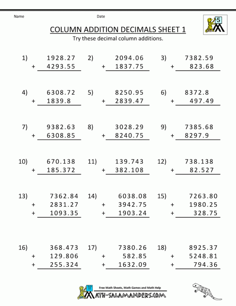 Adding Decimals Worksheet