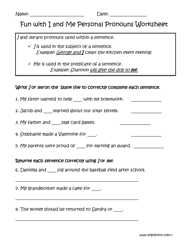 4th Grade Personal Pronouns Worksheet For Class 4