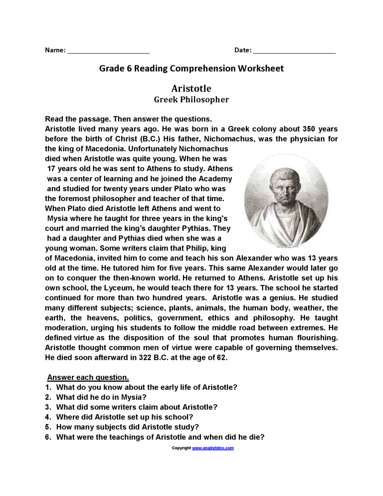 6th Grade Reading Comprehension Worksheets Pdf