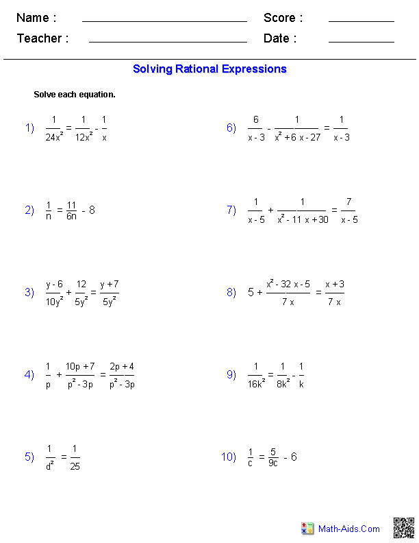 Rational Equations Worksheet